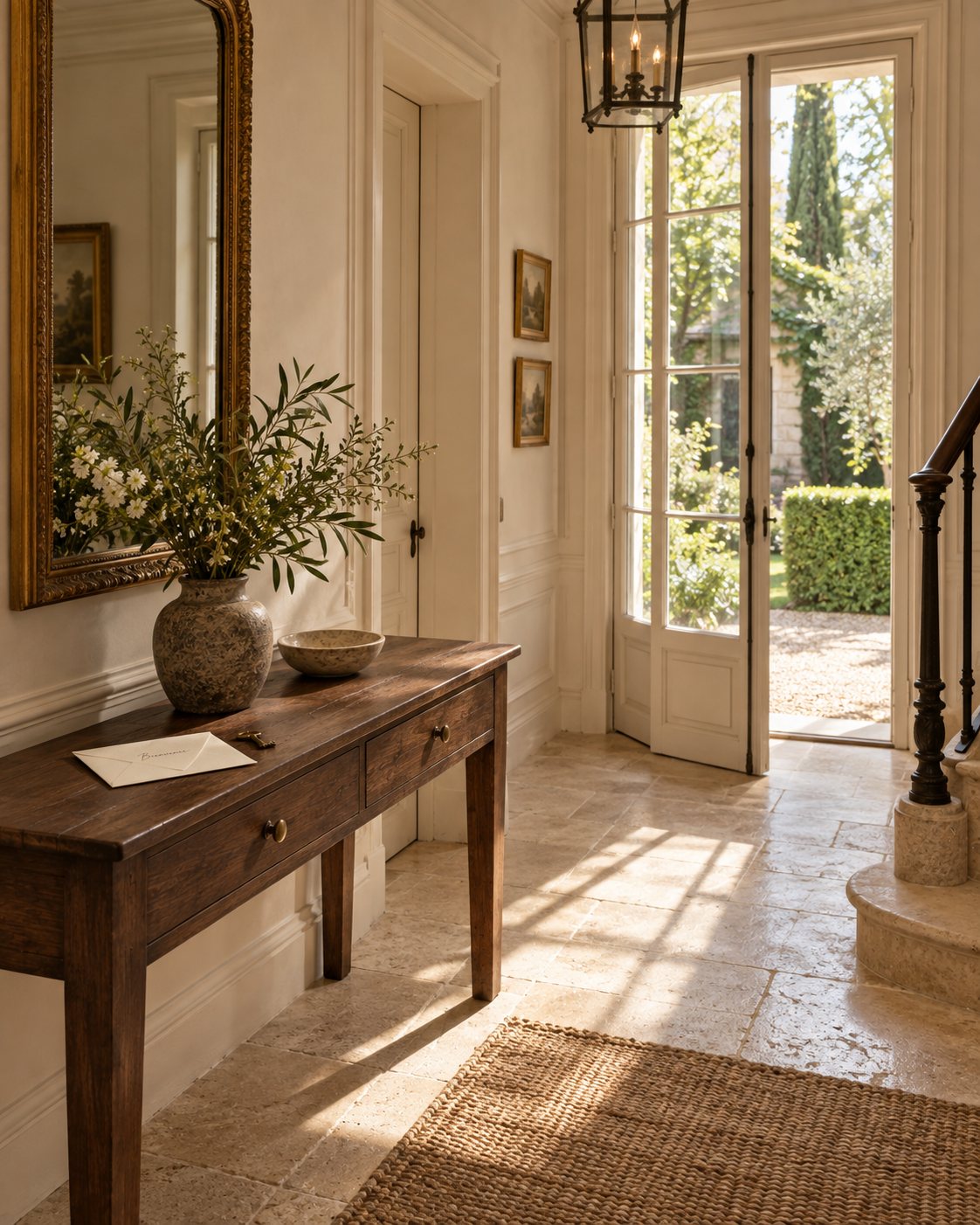 An entrance hall with a welcome envelope on a walnut console, garden light through open doors