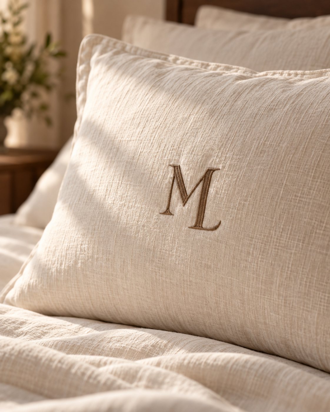 An embroidered Maison Liorenne linen pillow in afternoon light