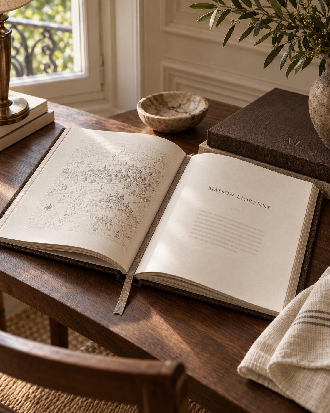 The Maison Liorenne house book open in soft daylight
