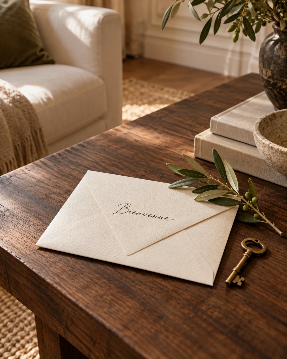 A handwritten welcome envelope and a brass key on a walnut table