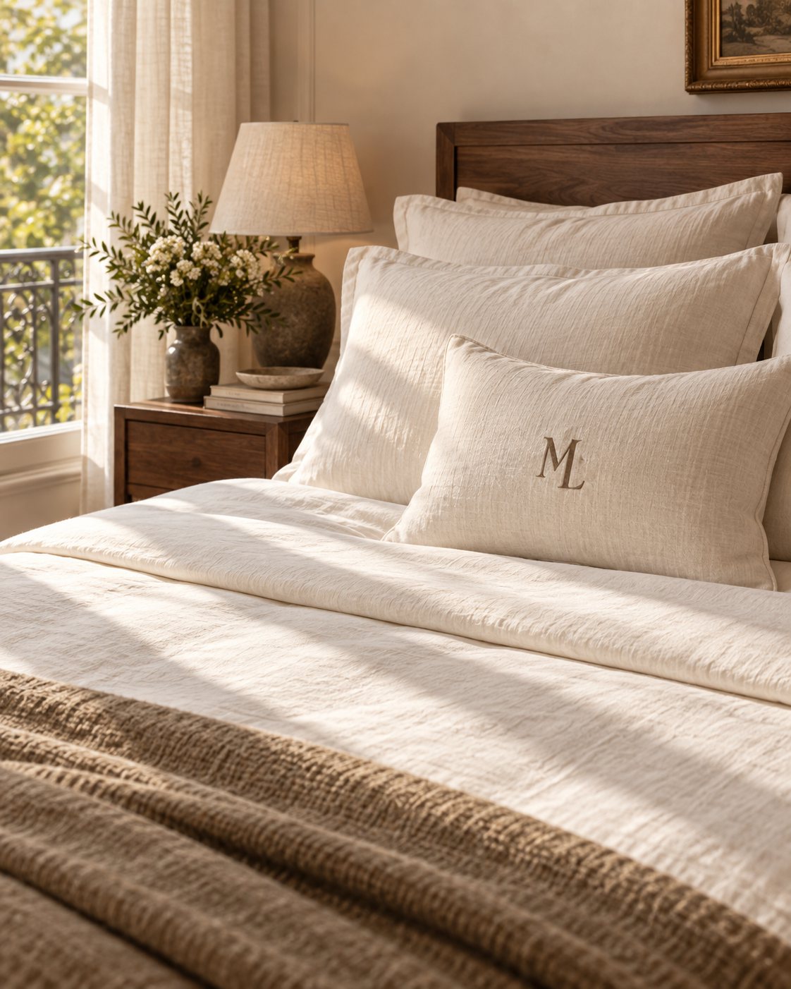 Pressed ivory linen with the embroidered ML pillow