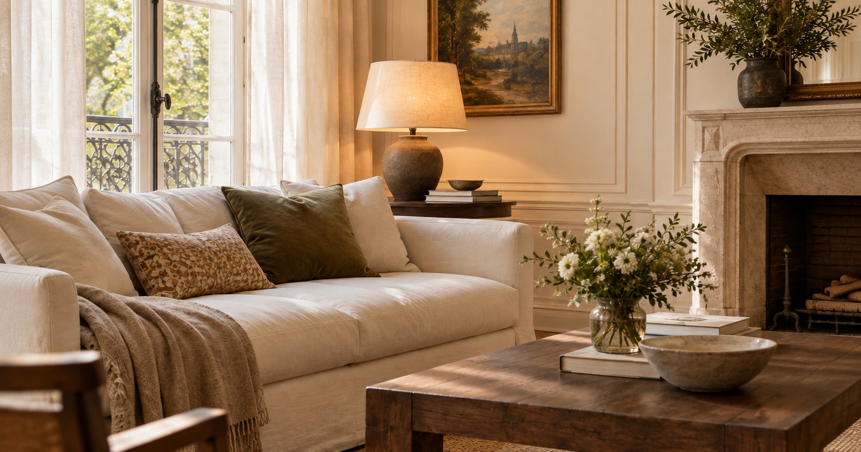 A prepared apartment living room in warm afternoon light