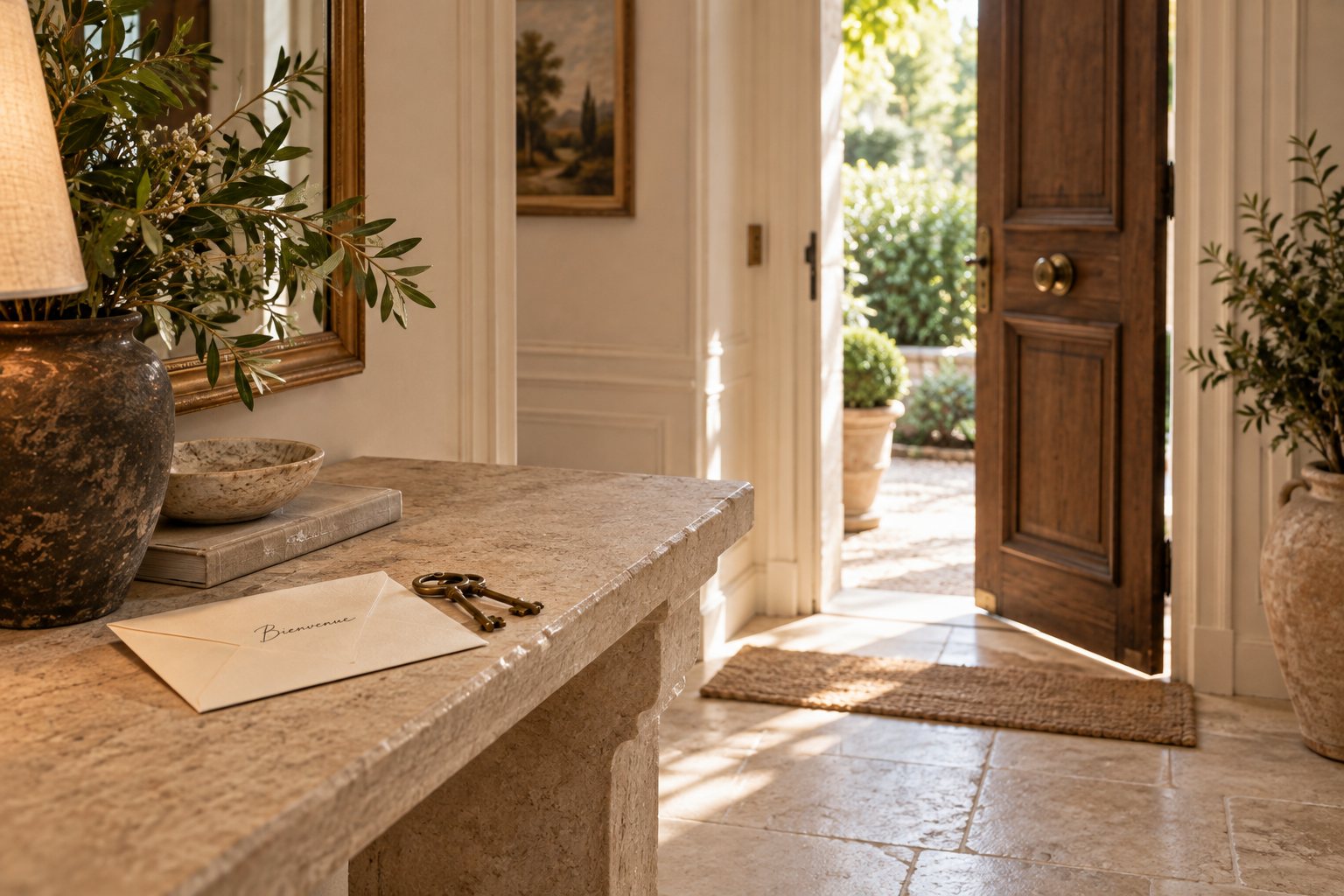 The welcome envelope and keys on a limestone console, door open to the garden