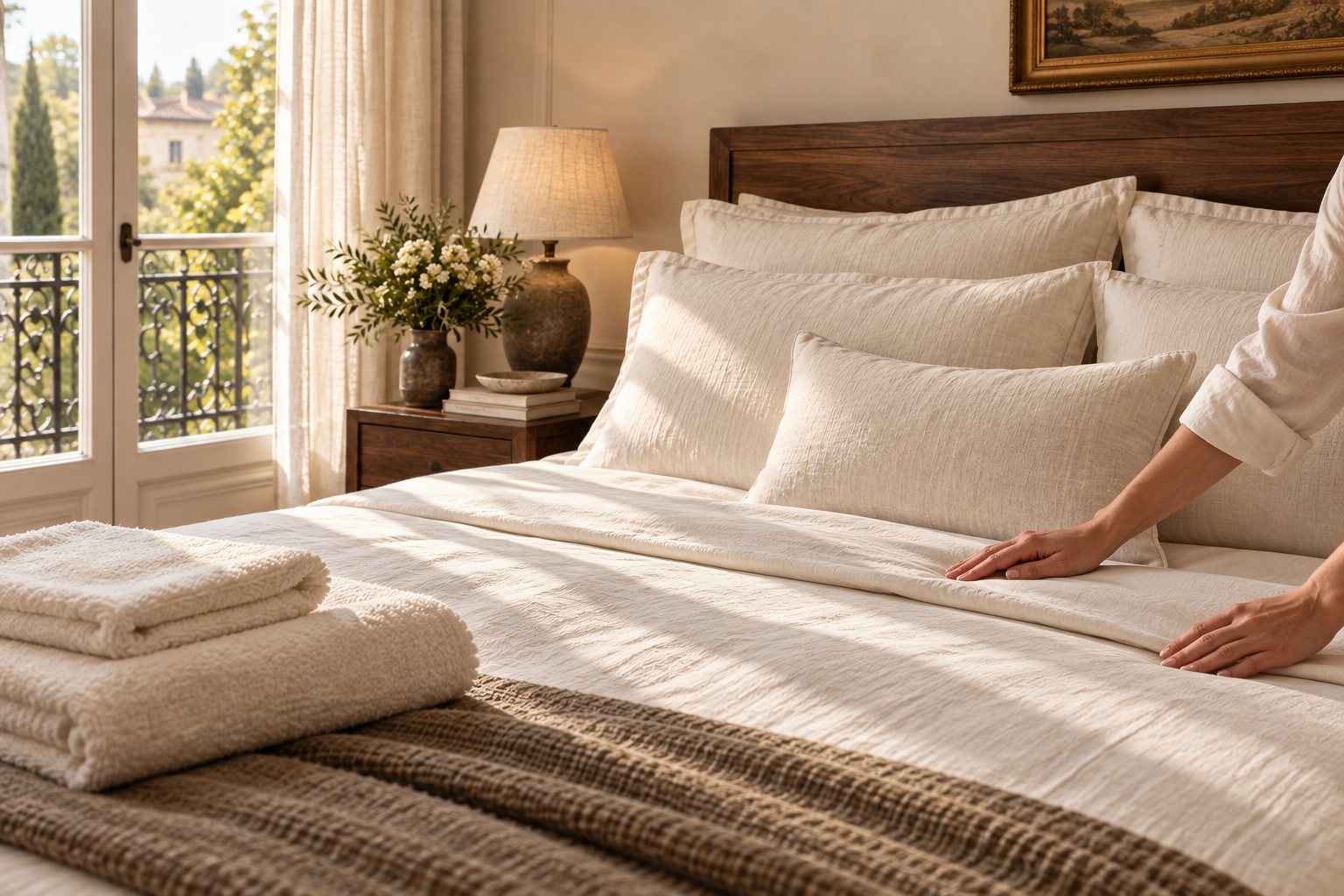 A bedroom prepared for arrival: pressed linen, a walnut bedside and soft daylight